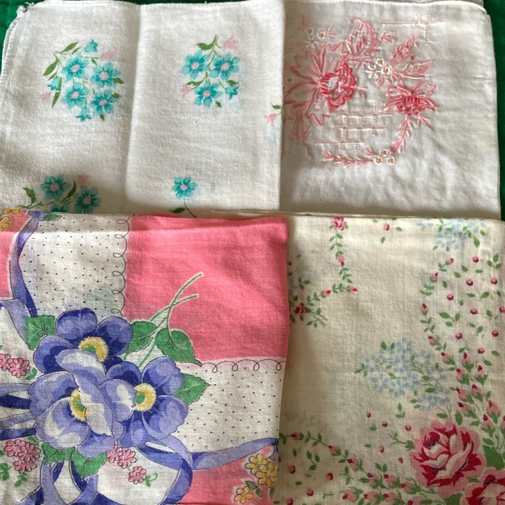Set of 4 ladies floral handkerchieves, wh w/pink, red, aqua, purple $19